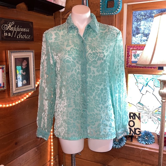 NWT Sheer sexy shirt flowery velvety pattern button down long sleeve top - Picture 3 of 10